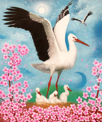 13小林祥一-コウノトリと桜-絵画