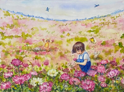 14栗崎敏江-絵画-時のかけら「れんげ摘み」